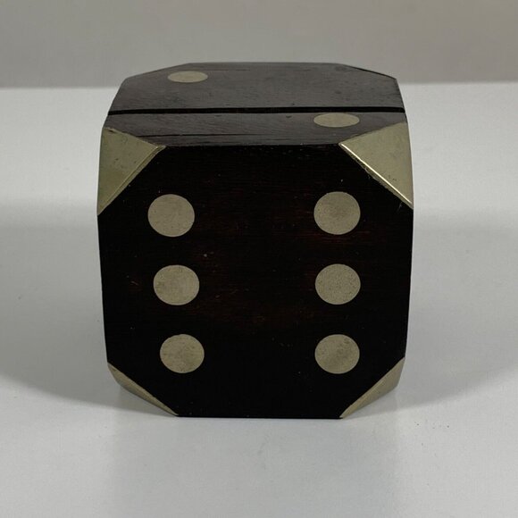Bella Lux Wooden Dice Box w/ Metal Accents + Five Mini Black Dice Set Vintage - Picture 5 of 10